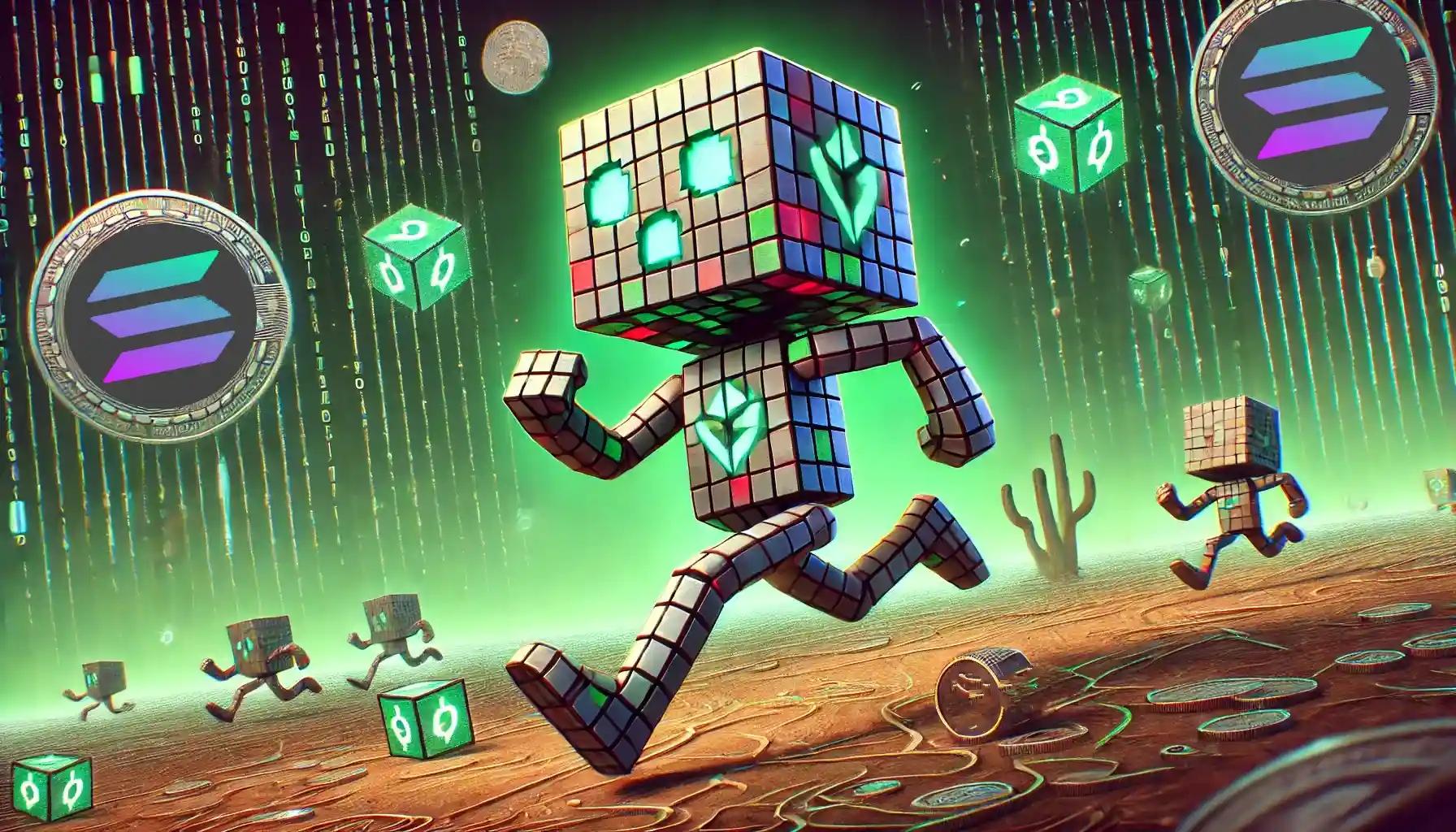 Cubic robot sprints across Solana blockchain landscape with rolling memecoins