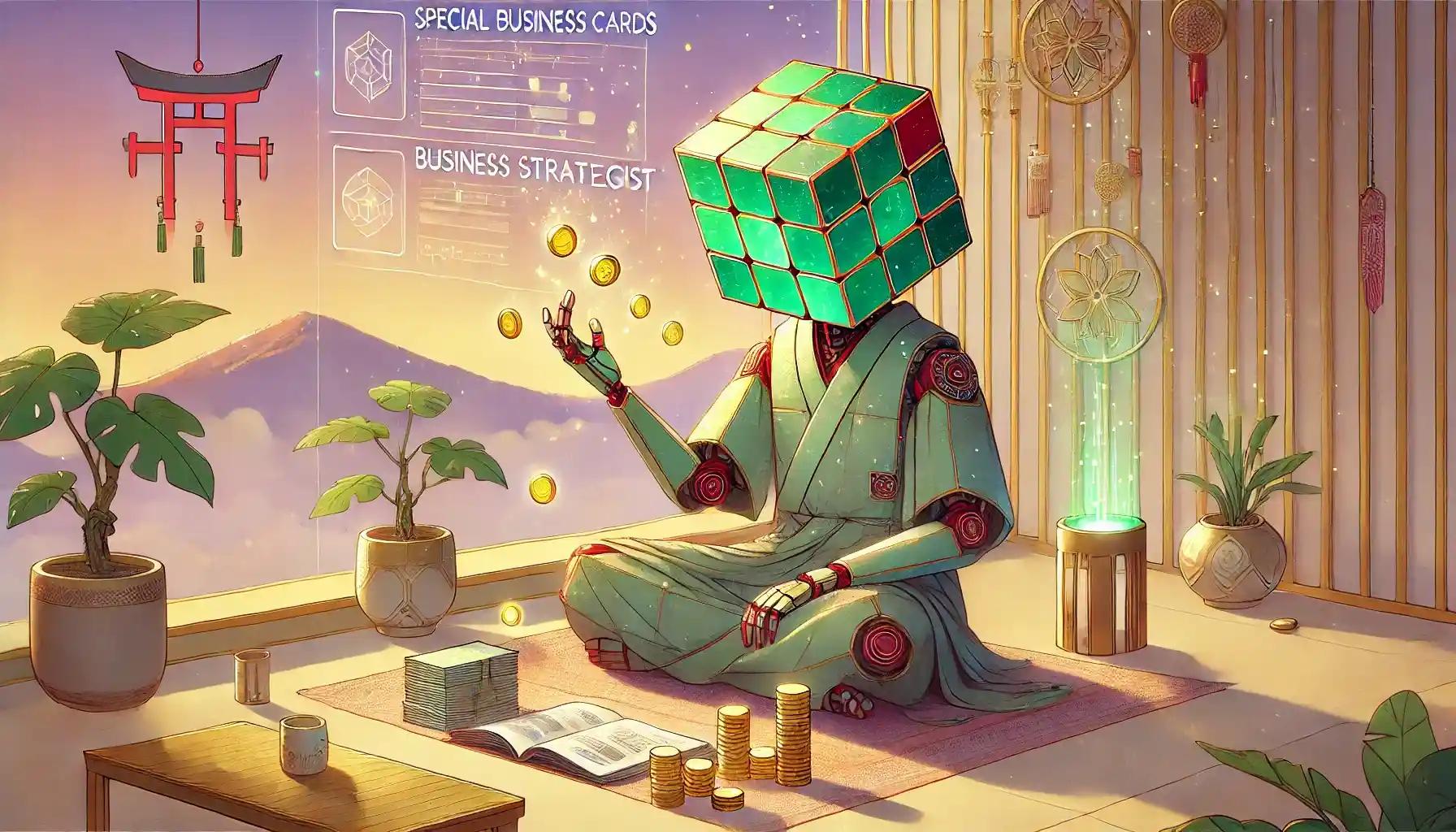 Cubic robot stacks Business Cards, glowing Coins hover around workspace