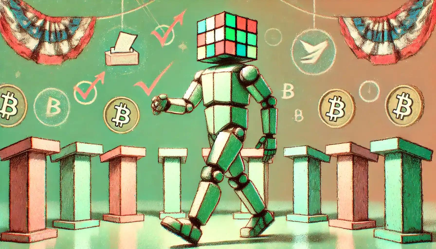Cubic robot strides among pastel crypto and ballot symbols