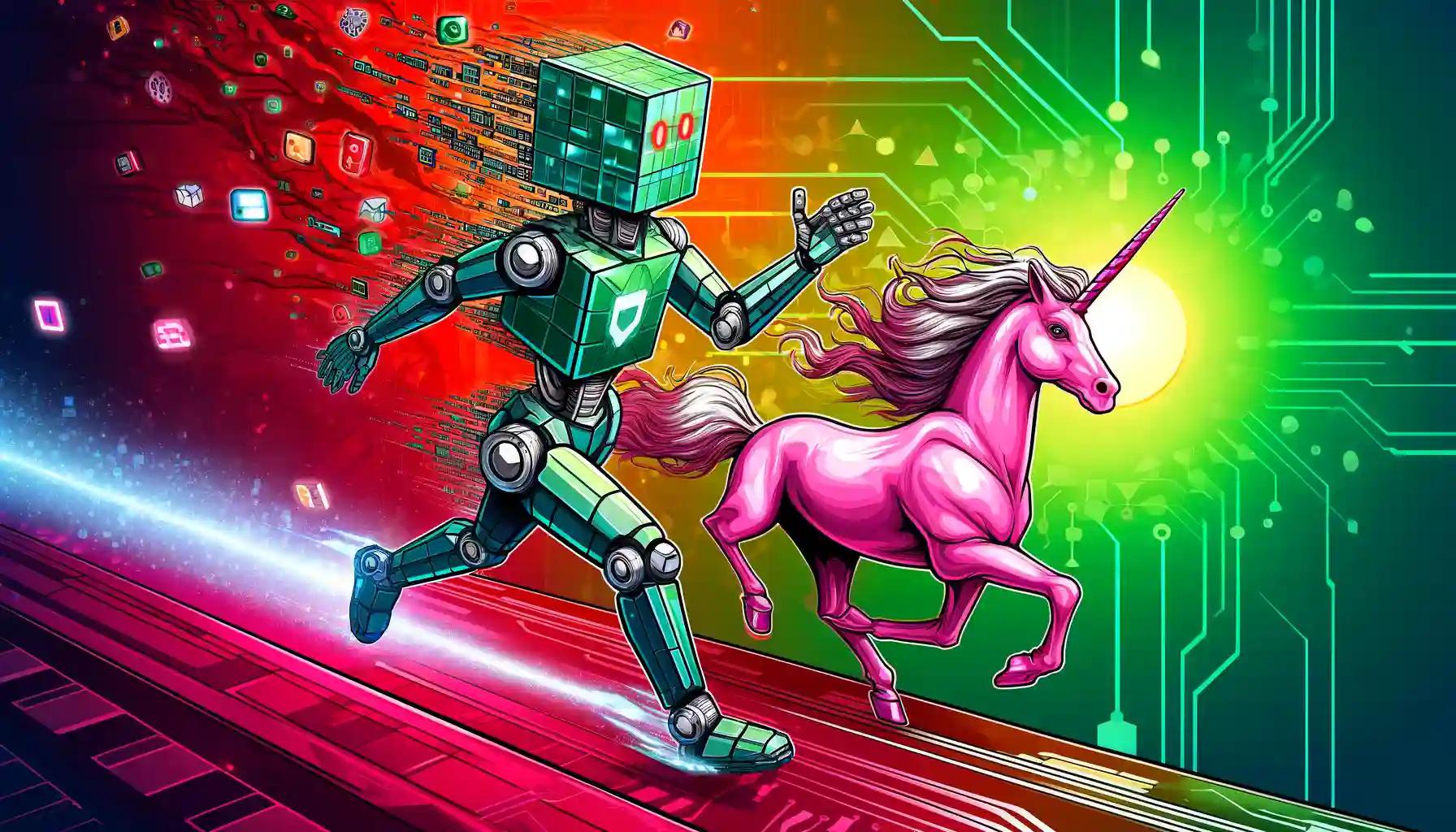 Cubic robot striding forward with binary code, SEC vs. Uniswap