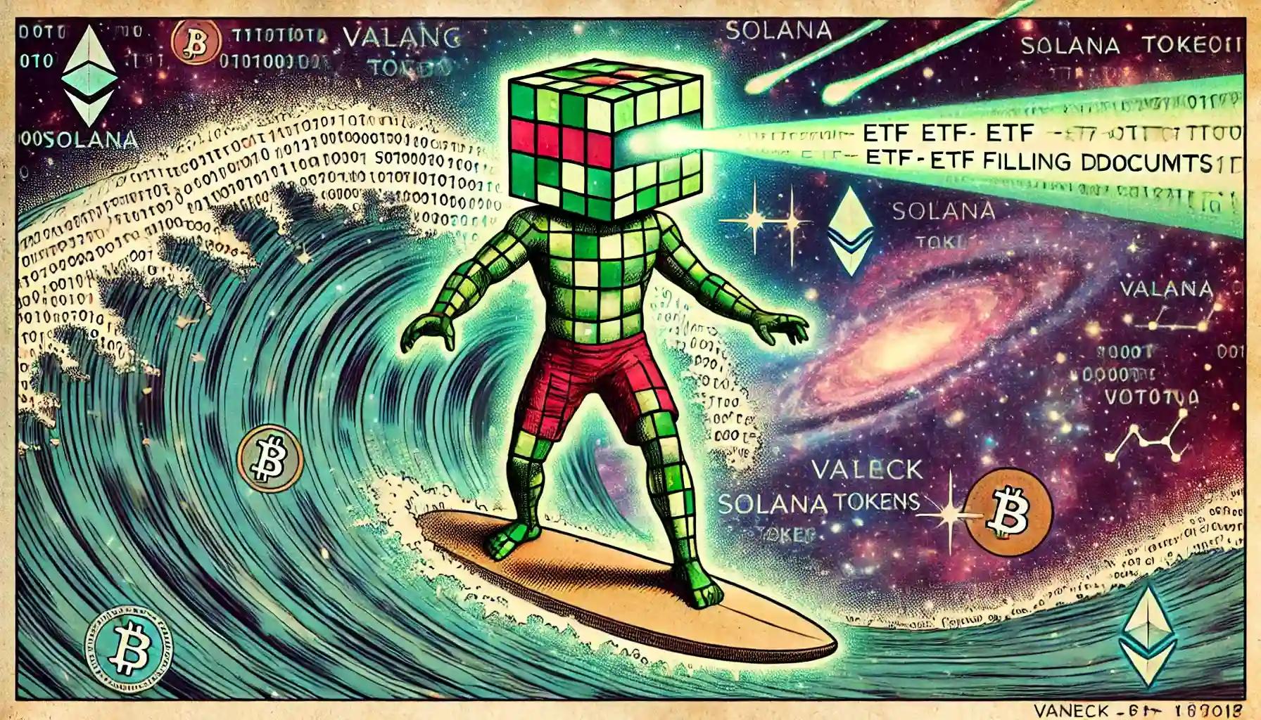 Cubic robot surfing binary wave, projecting ETF documents in cosmic crypto sea