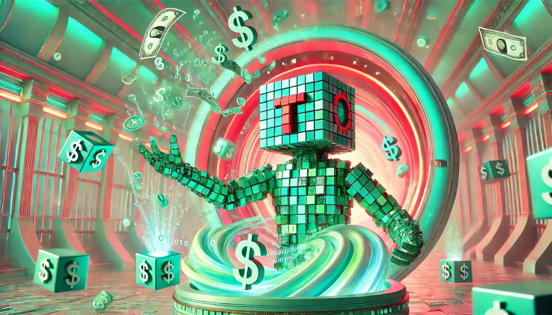 Cubic robot tossing golden coins into pastel dollar vortex