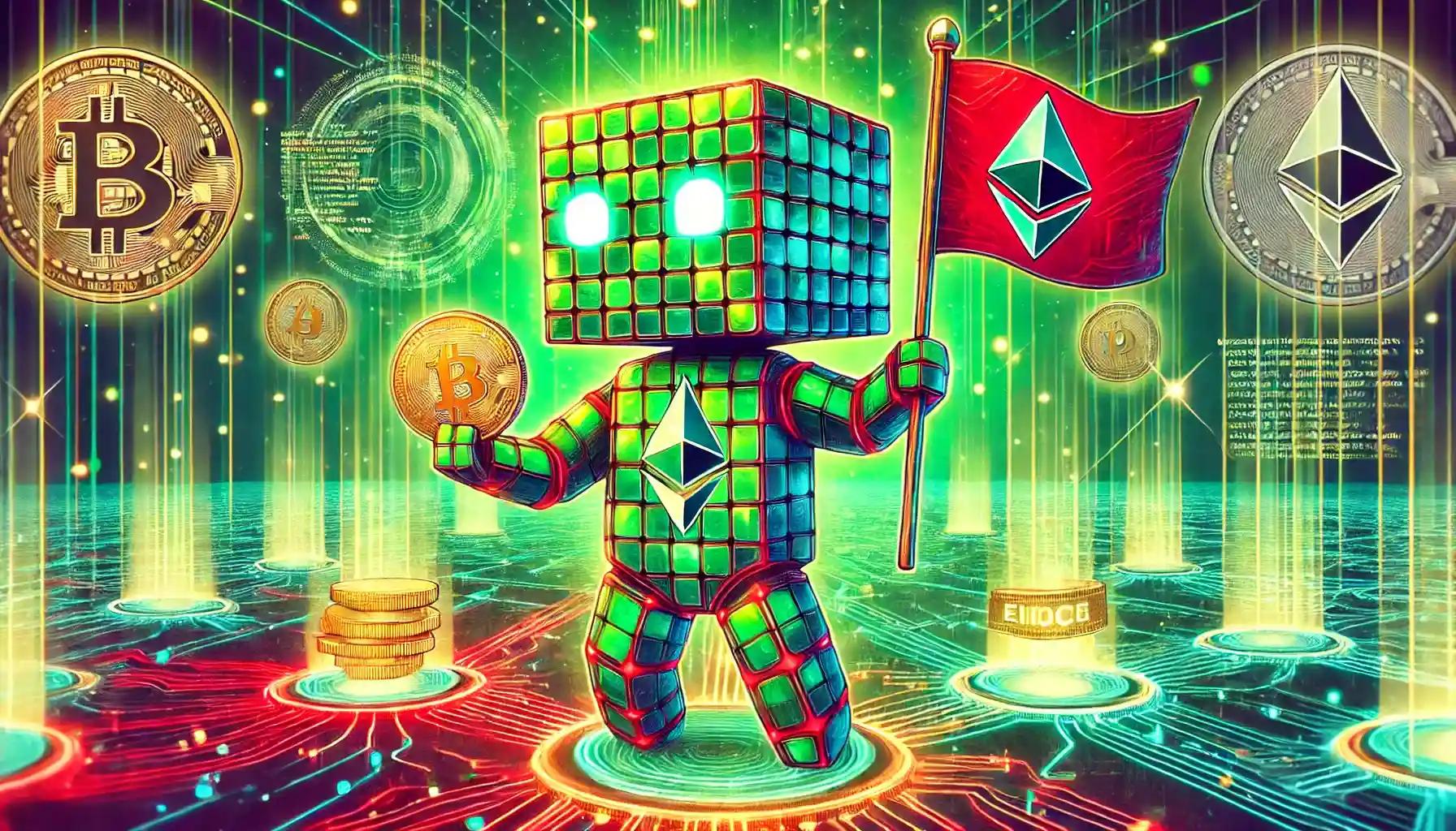Cubic robot waving Ethereum flag amid glowing blockchain networks