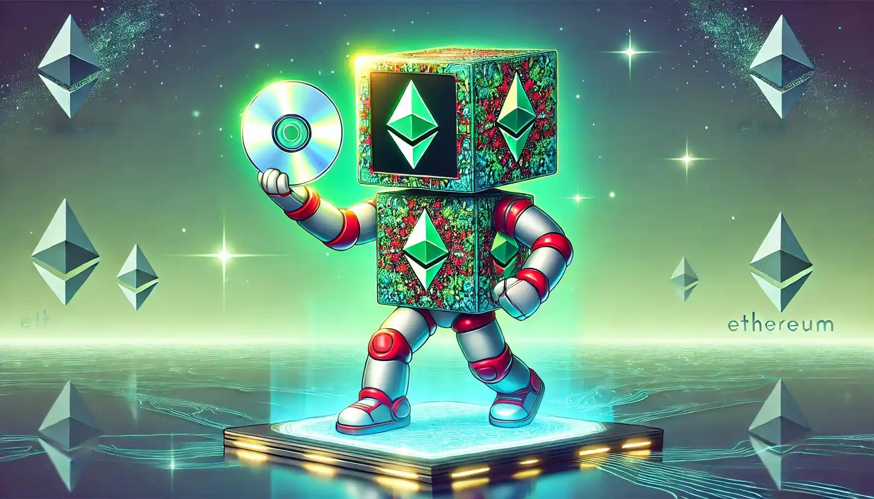 Cubic robot with glowing disc on Ethereum-themed futuristic platform
