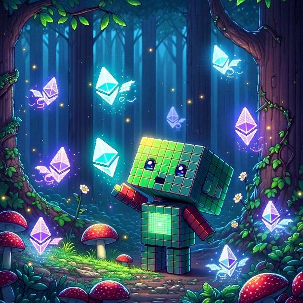 Cubic-styled chibi robot in an enchanted forest, interacting with glowing Ethereum creatures, capturing the magical anticipation of Ethereum ETF