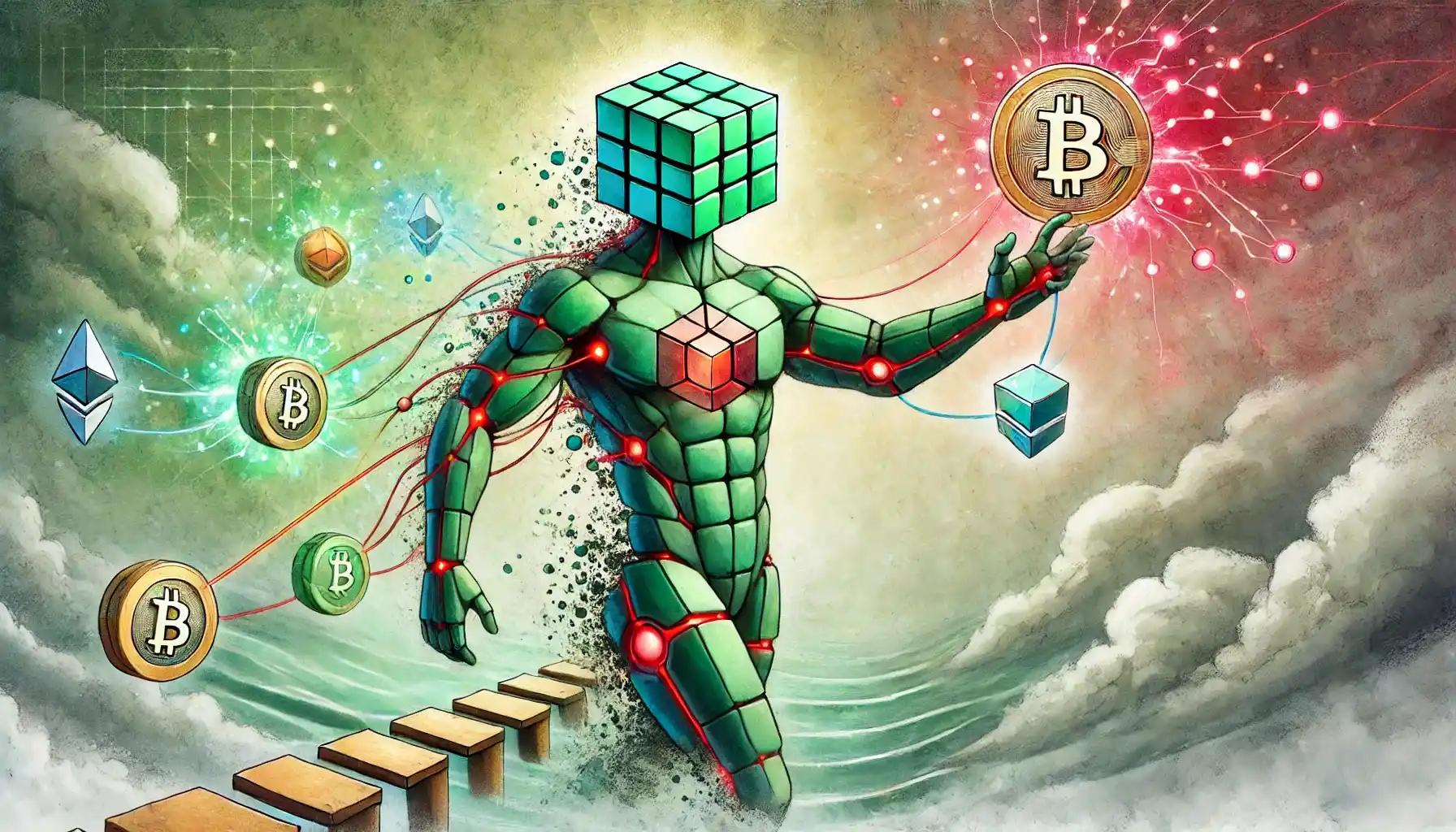 Cubic-styled humanoid faceless robot with a big mosaic of green shades and red design