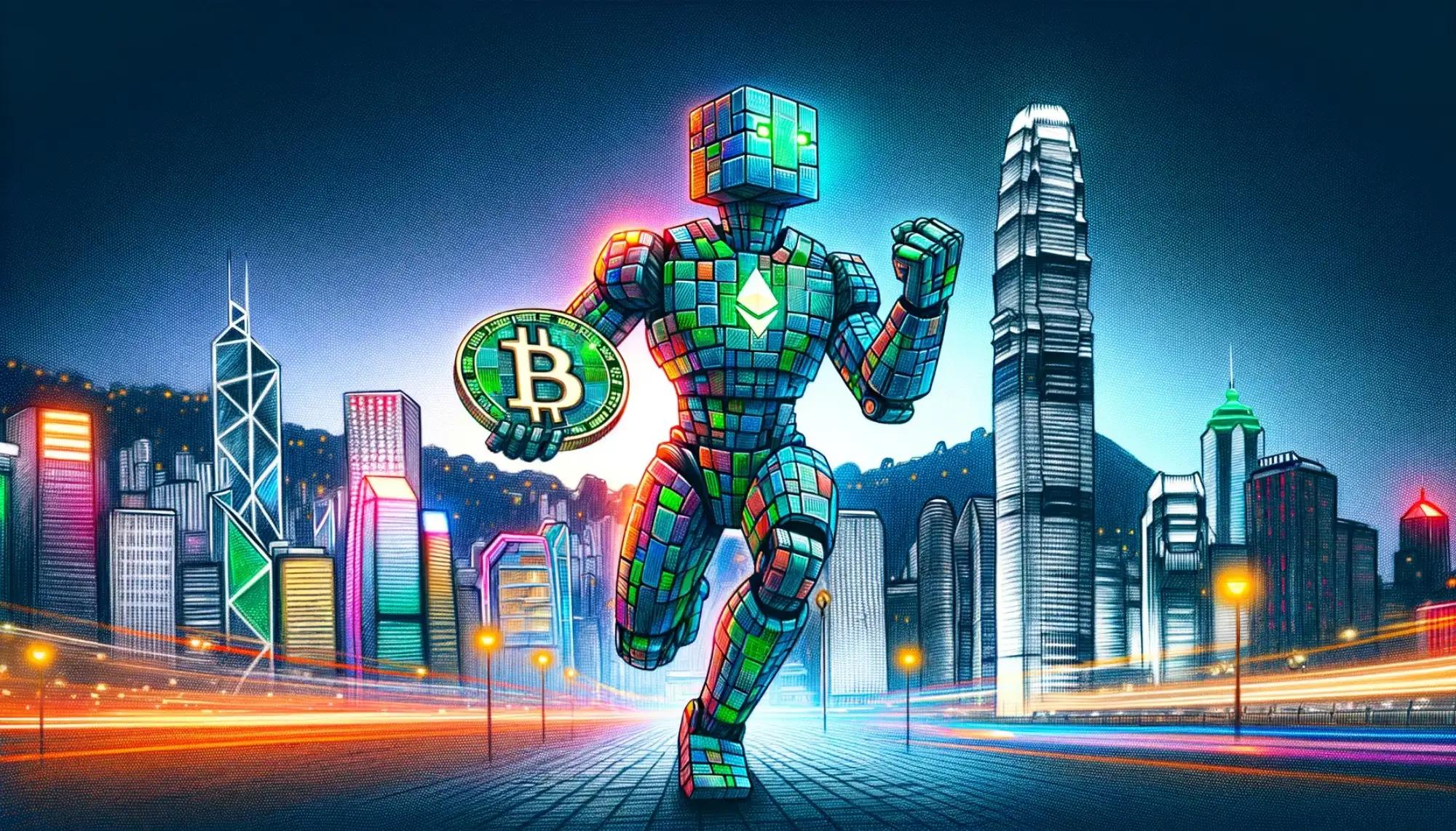 Cubic-styled humanoid robot in a vibrant green and red design, dynamically positioned in Hong Kong's twilight financial district