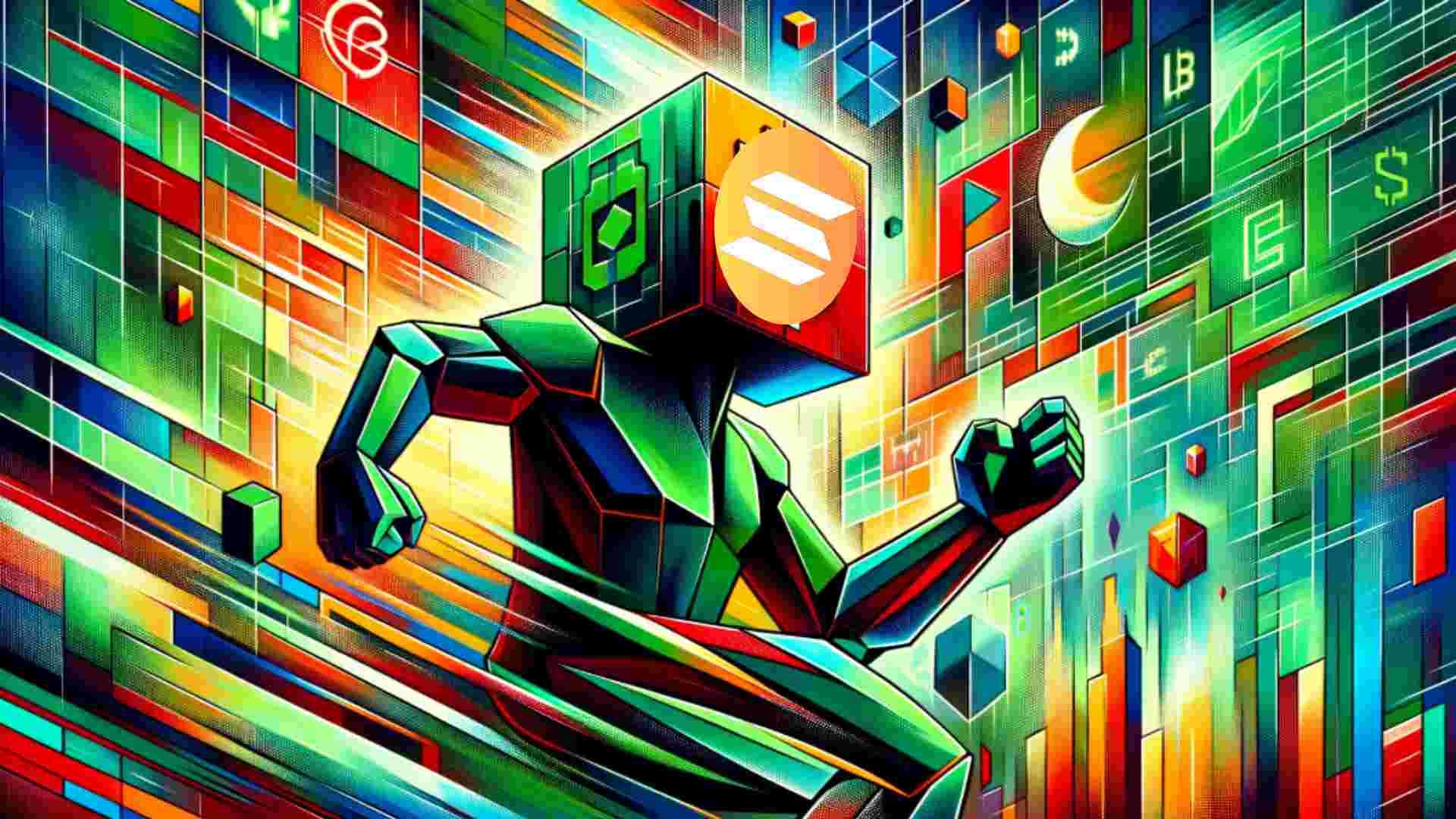 Cubist robot heist, crypto swirl, futuristic city background