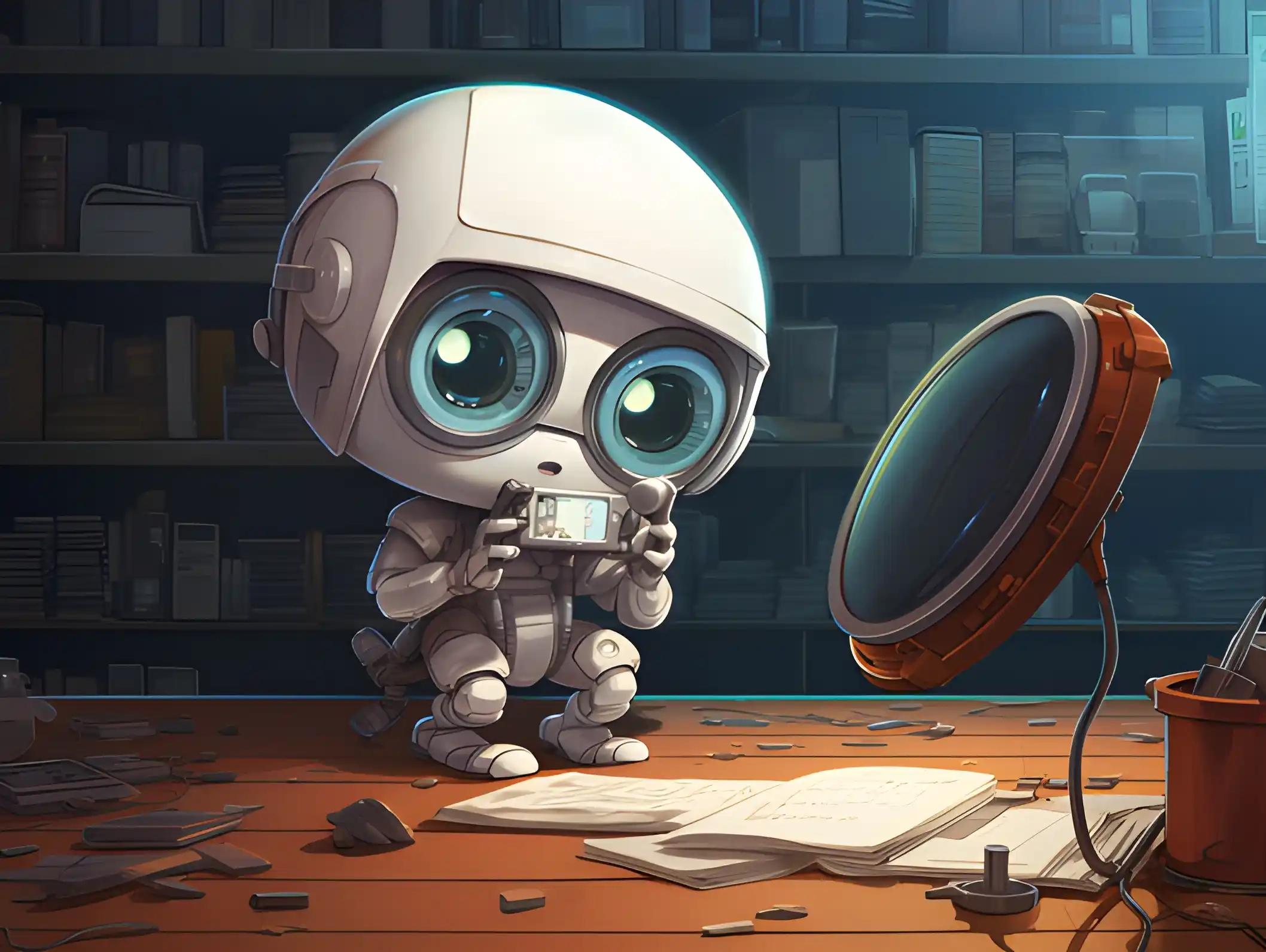 Curious robot with magnifying glass, on a quest to locate their wallet address