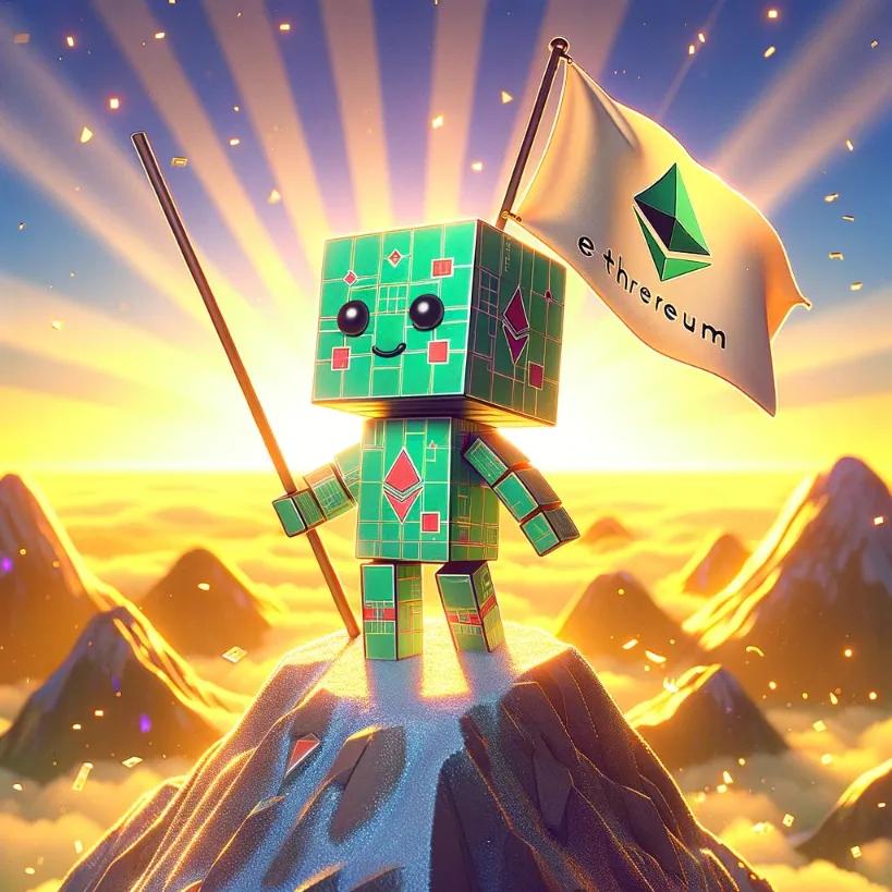 Cute chibi cubic-styled humanoid robot standing triumphantly on a digital peak with an Ethereum flag