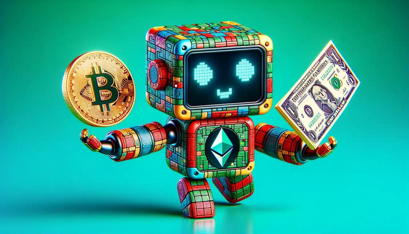 Cute chibi cubic-styled robot juggling Bitcoin, Ethereum, and $100 bill to symbolize how to make money on crypto day trading