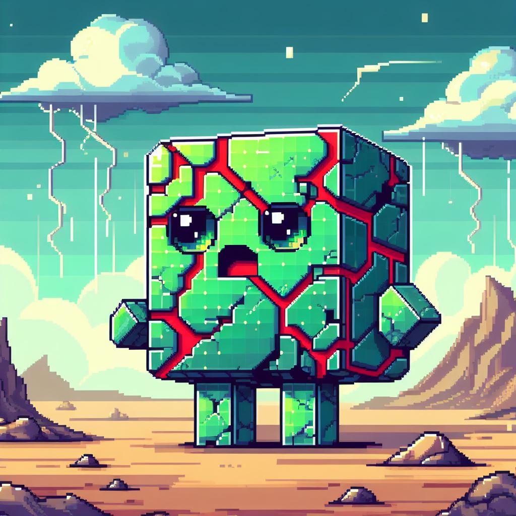 Cute chibi robot frozen mid-stride, gears grinding, representing Avalanche network outage