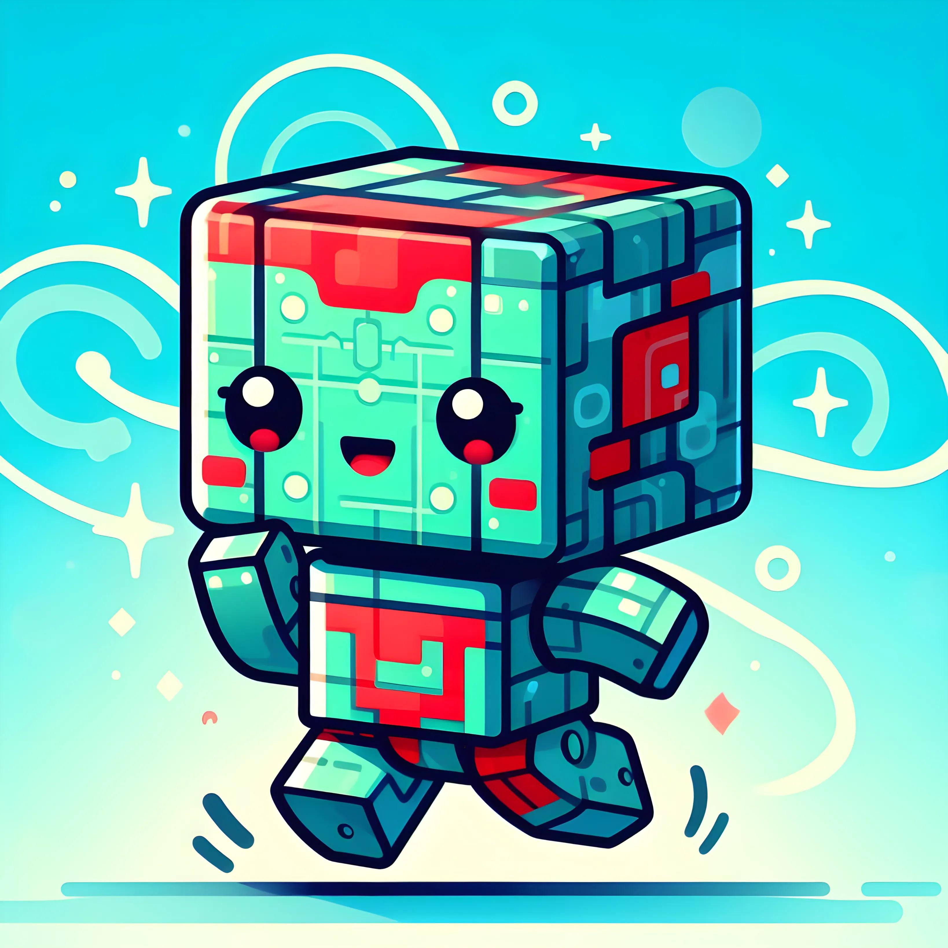 Cute robot with green and red mosaic dancing against blue and yellow background