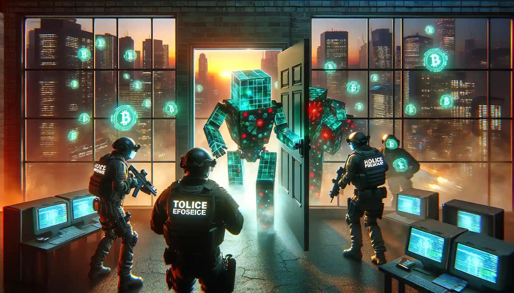 Cybernetic raid by human agents on robotic figures, reflecting Samourai Wallet arrest theme