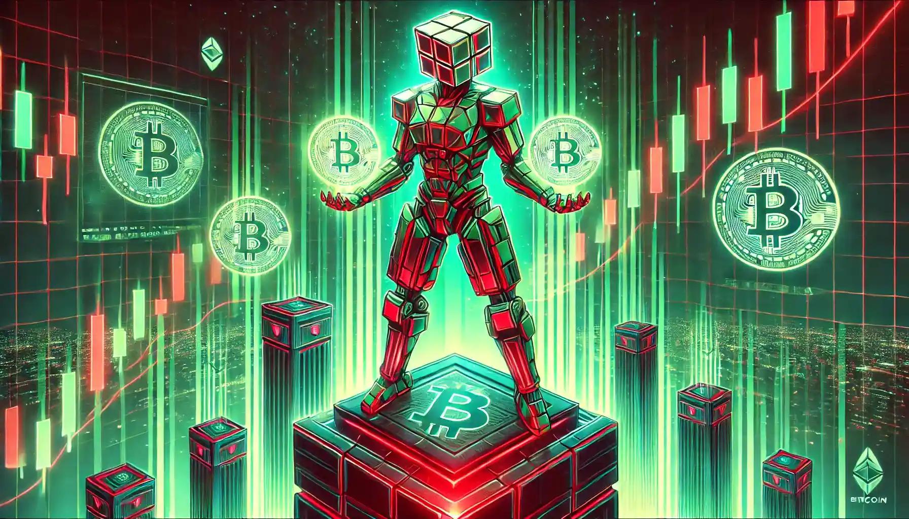 Cyberpunk robot trading Bitcoin in a neon-lit digital hub