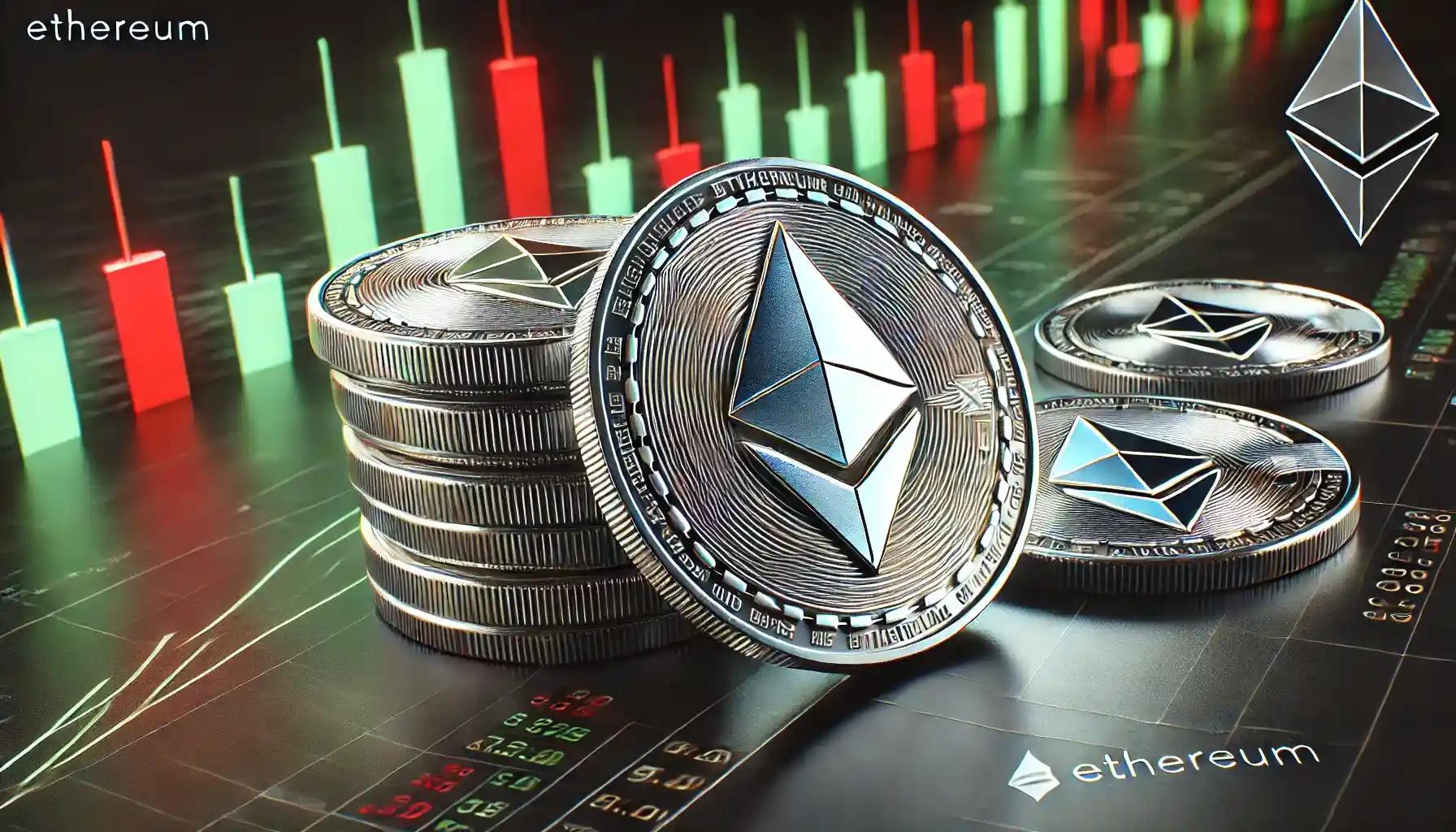 Silver Ethereum coins stacked and scattered on a trading chart with glowing red and green candlestick patterns