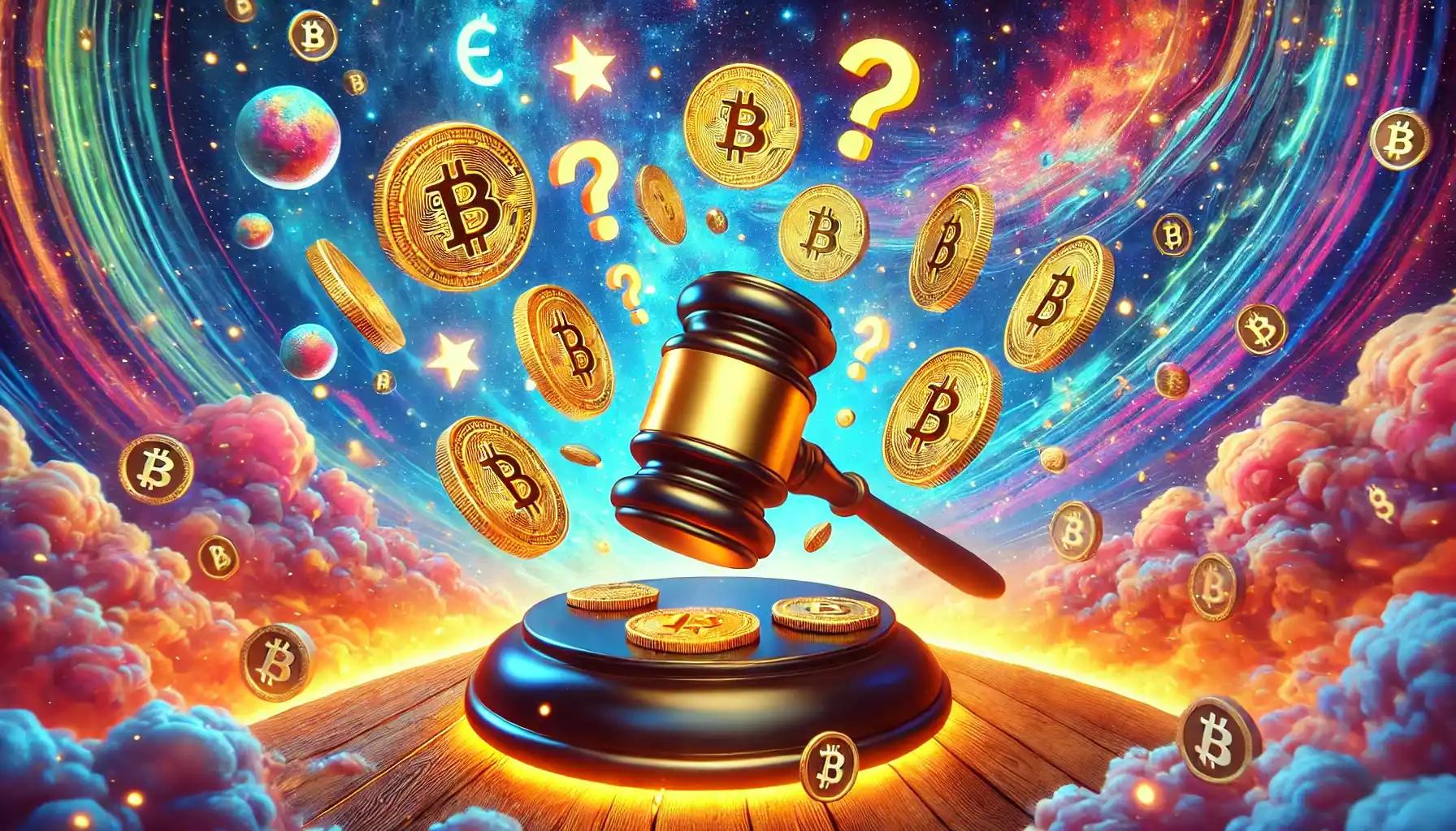 Surreal image of a floating gavel with bitcoin coins and question marks bursting out in a cosmic background