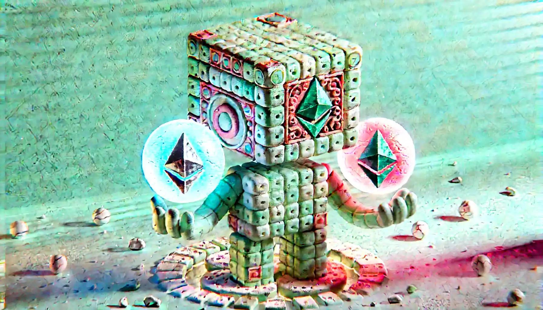 Robot balances translucent Ethereum orb and new token crypto price