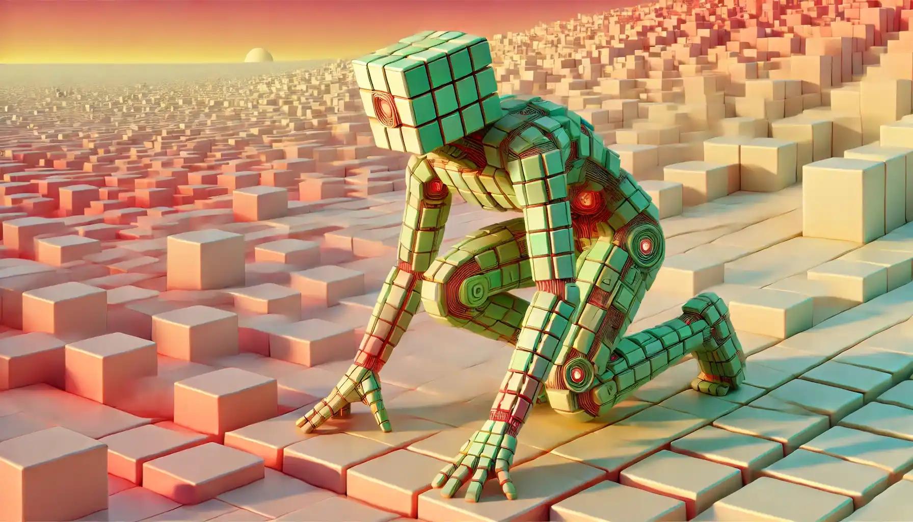 Robot crouches with pastel sphere, governance horizon shaping Base