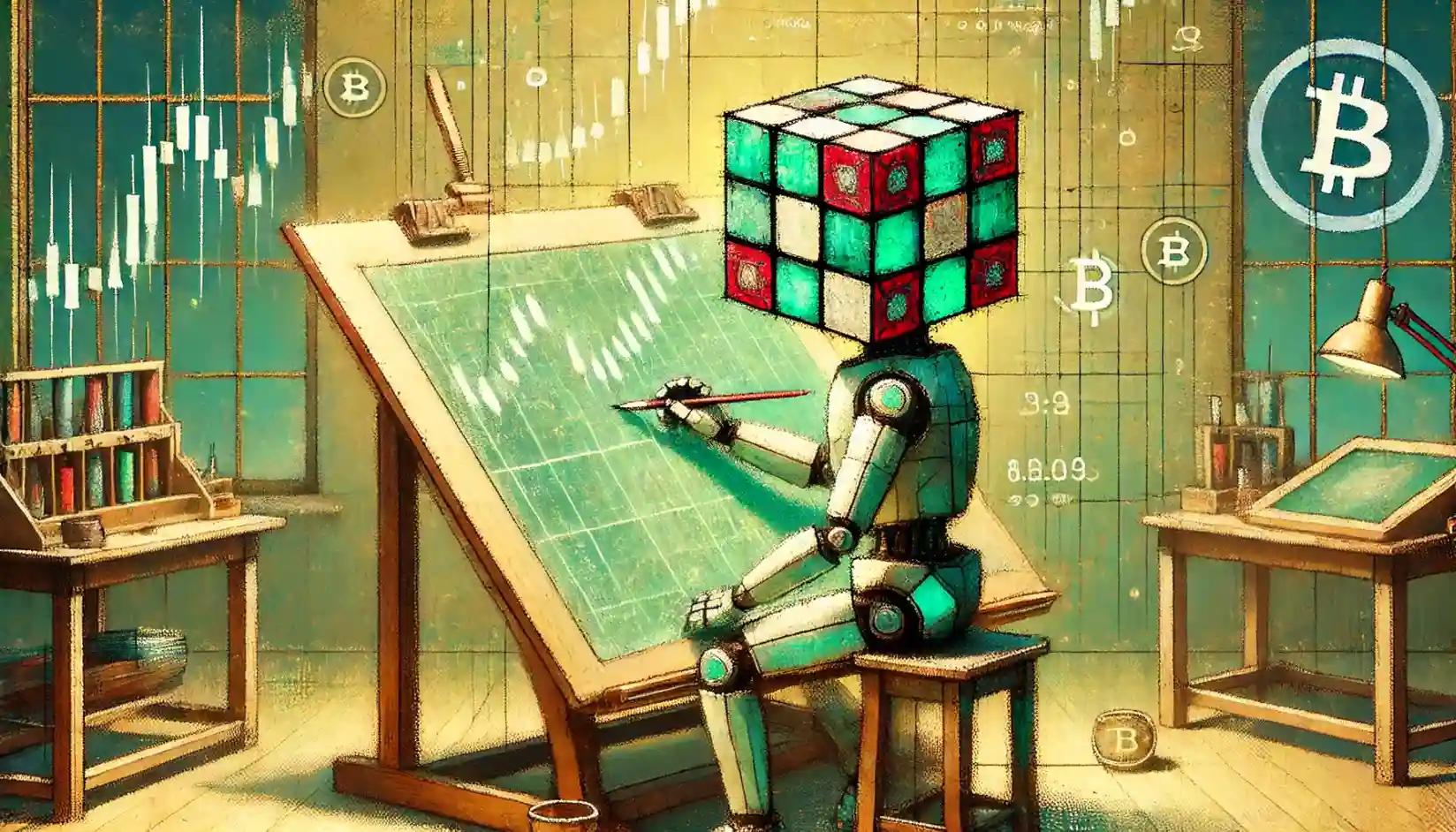 Robot sketching hybrid crypto price index in mint atelier