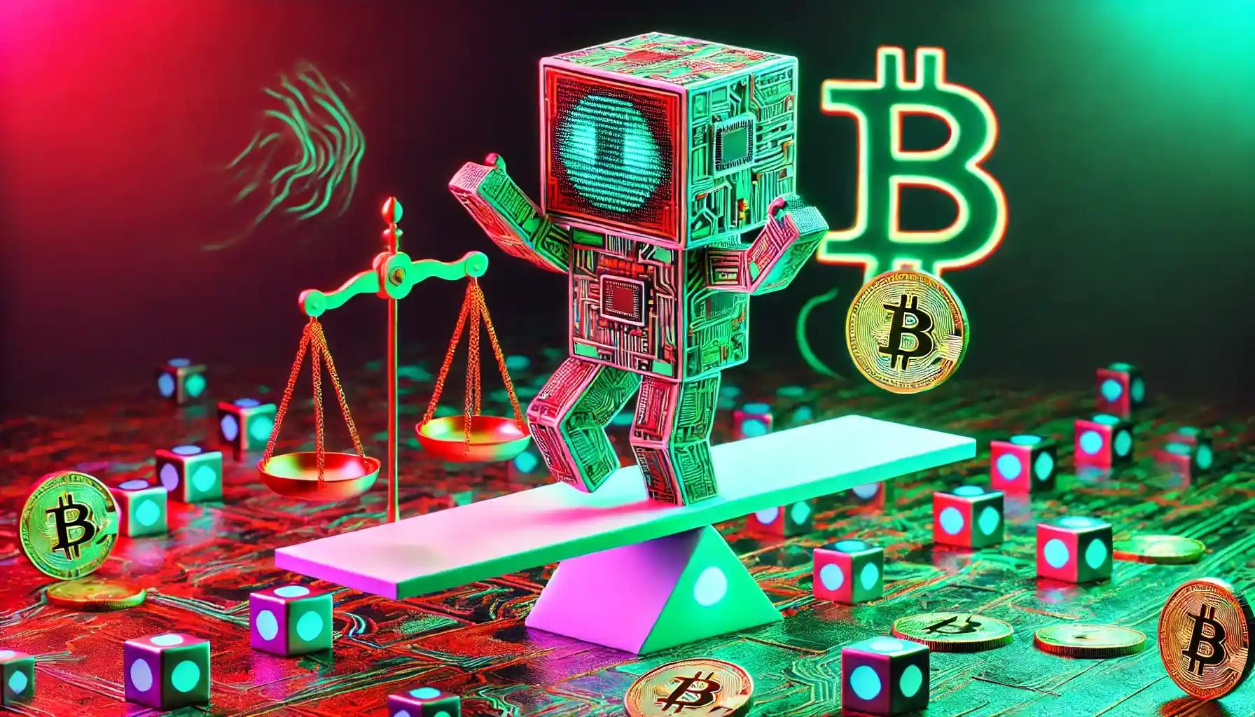 Dancing robot balances Bitcoin on pastel seesaw of debate