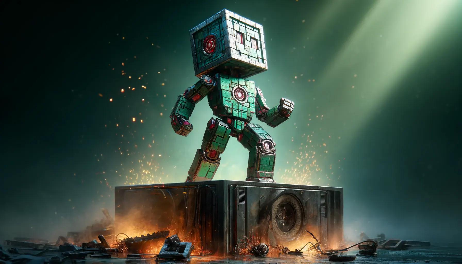 Determined cubic robot, scorched platform, sparks fly