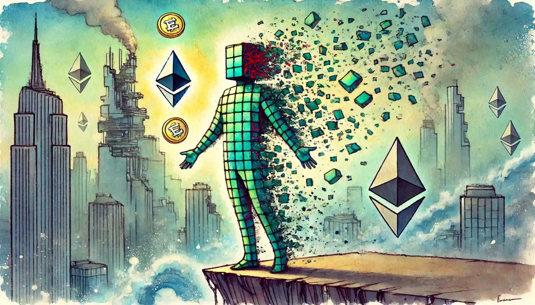 Dystopian robot discarding Ethereum into a collapsing blockchain city