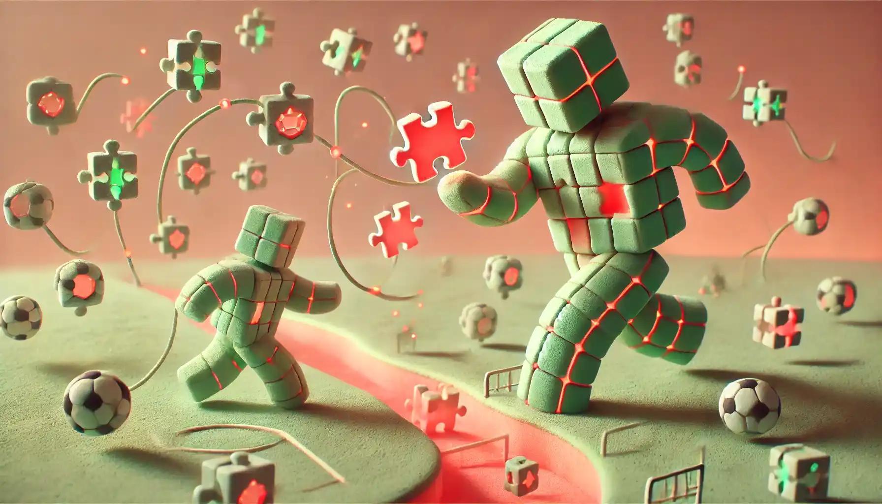 EVM robot assembles blockchain puzzle above tokenized football pitch