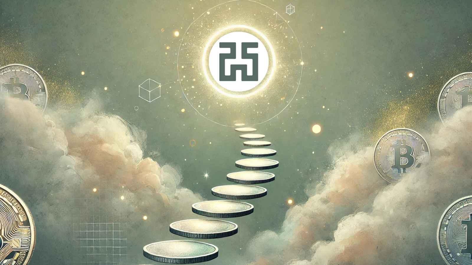 Empty circle climbs Bitcoin staircase, green pastel, momentum