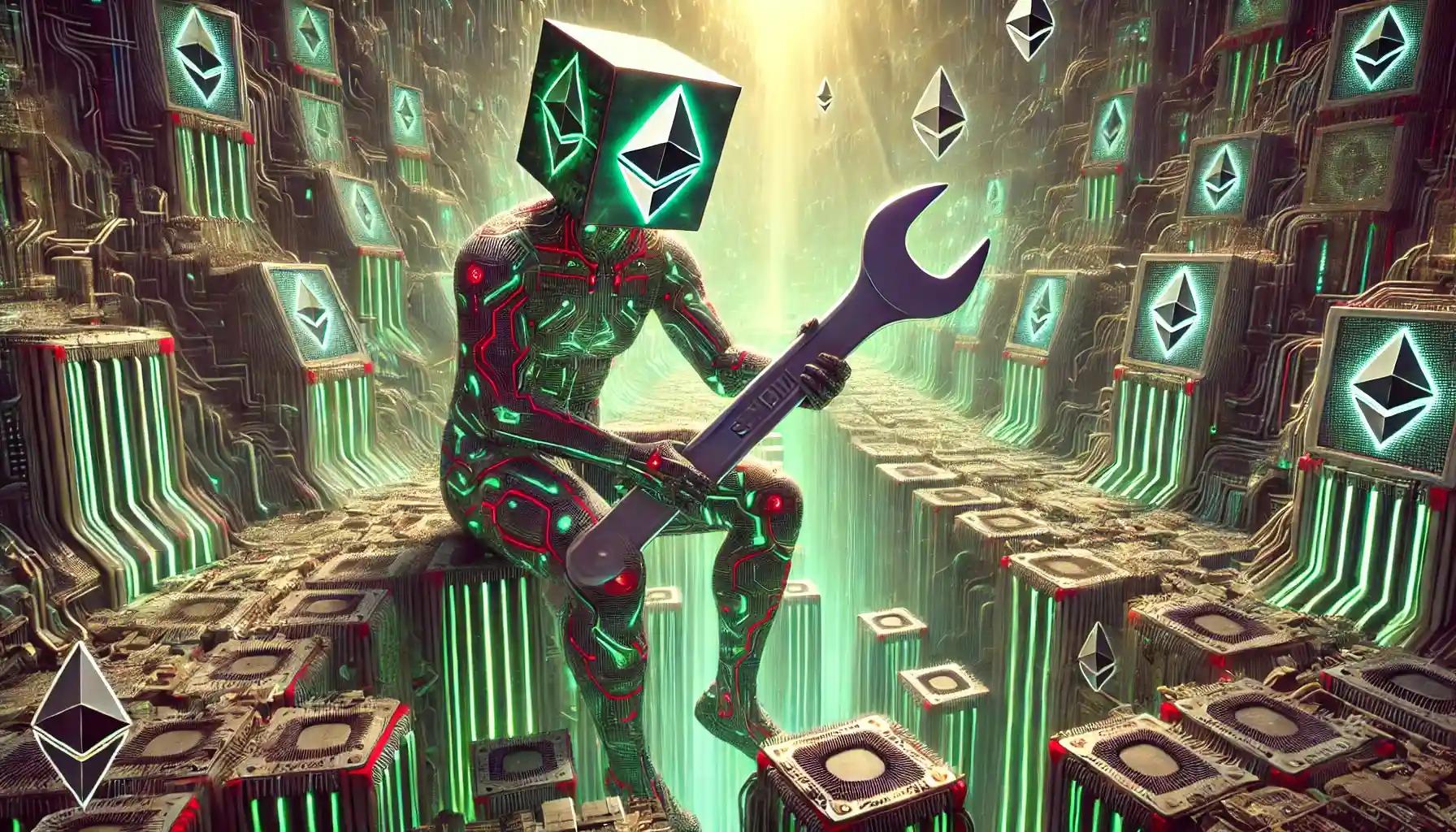 Ethereum robot rewires base layer with glowing RISC-V upgrade wrench_11zon