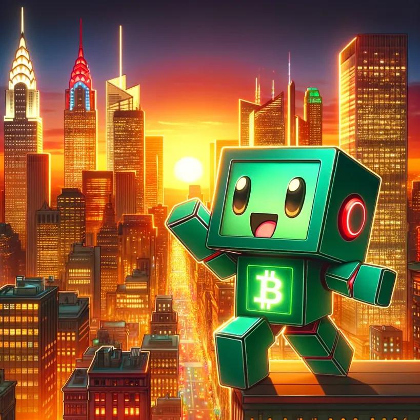 Excited cubic-styled robot in green and red, cheering in a financial district at dusk with a golden-orange sunset background