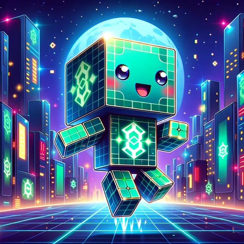 Exciting scene of Solana's growth with a cute cubic robot in vibrant greens and reds