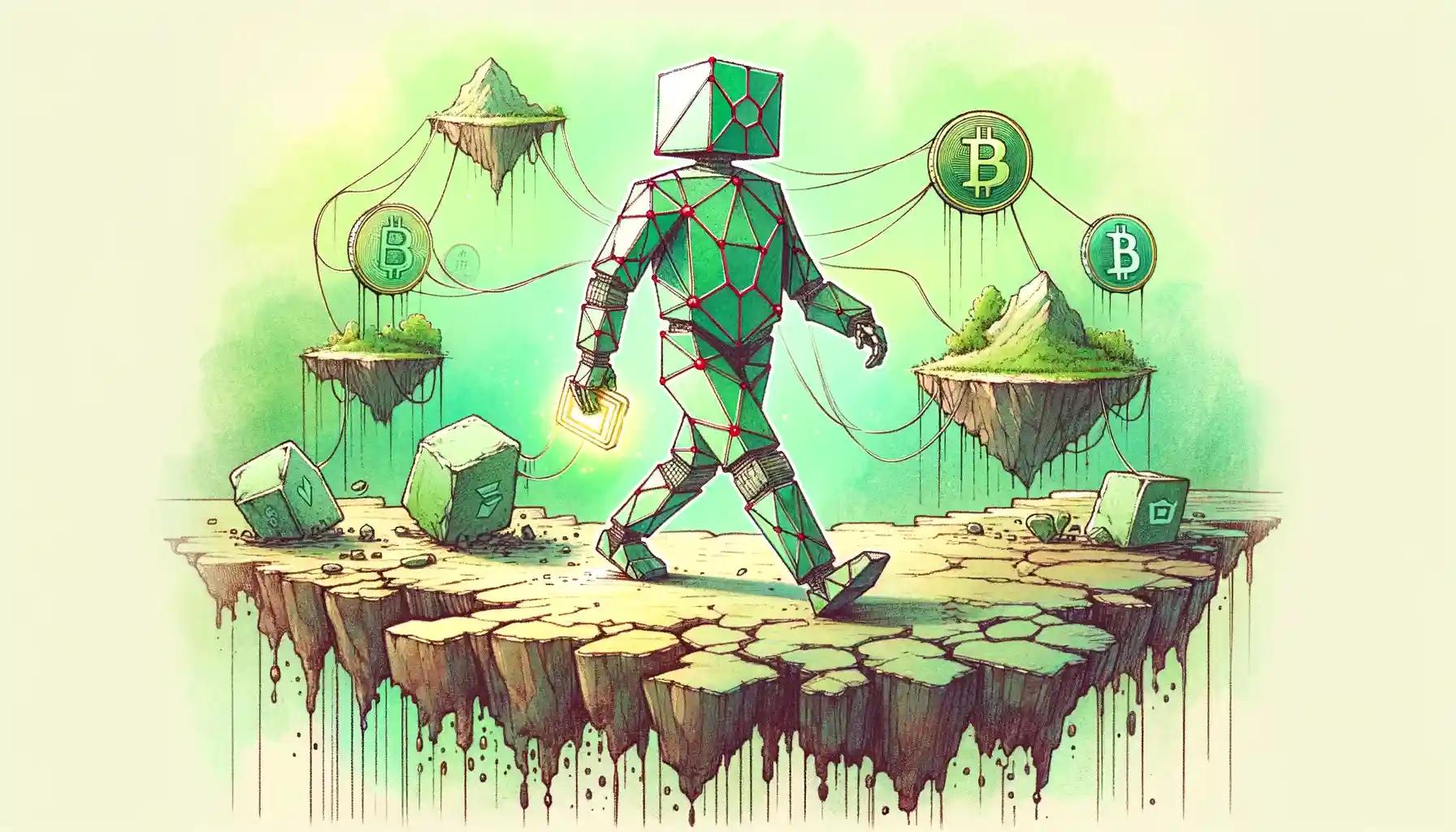 Faceless cubic robot crosses a crumbling bridge carrying a digital wallet
