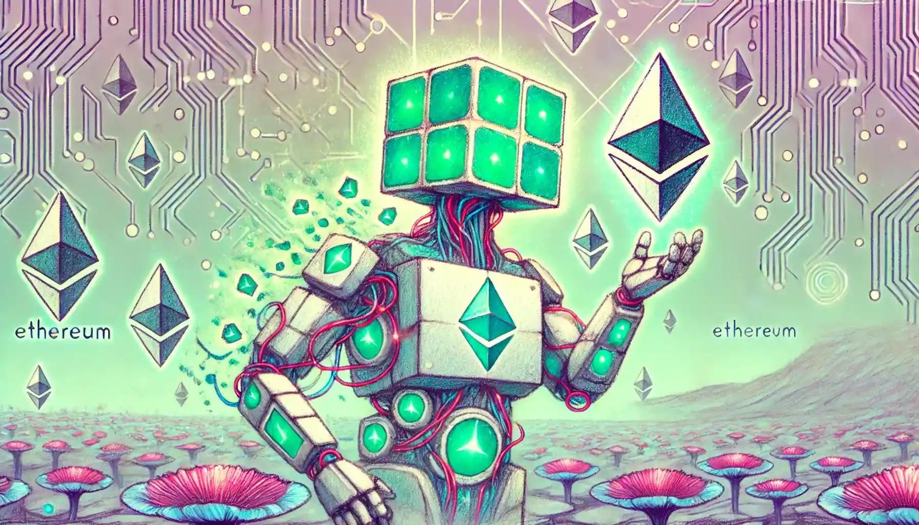 Faceless cubic robot harvesting Ethereum yield from futuristic blockchain field