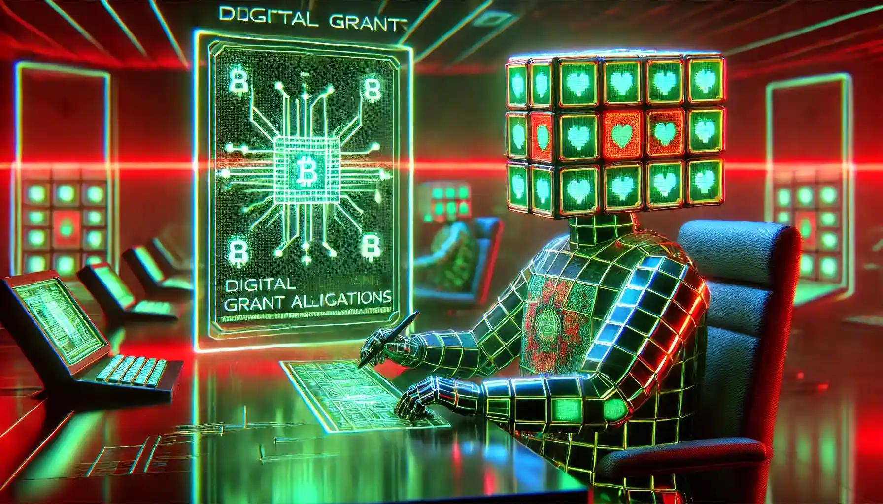Faceless cubic robot reviews blockchain grants on neon green holographic screens
