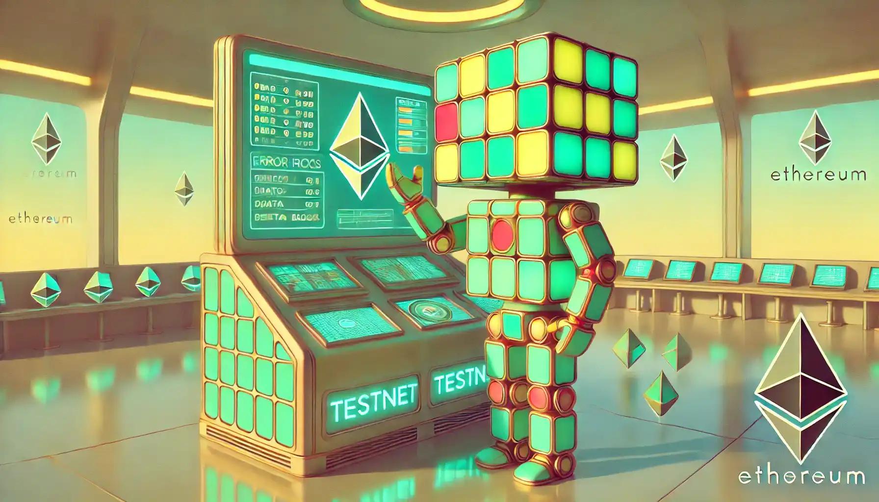 Faceless robot analyzing Ethereum testnet errors in sci-fi control room