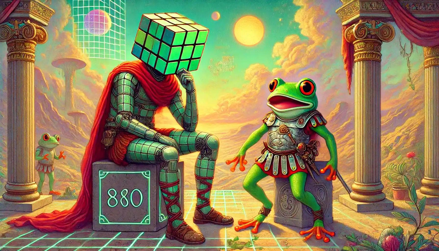 Faceless robot and kek frog leaping near glowing foliage