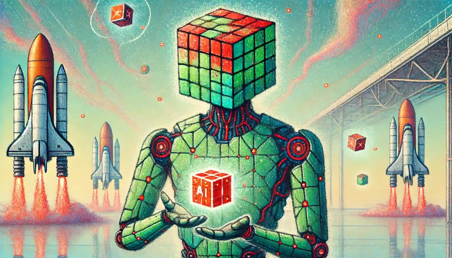 Faceless robot assembles tokens on pastel-themed launchpad