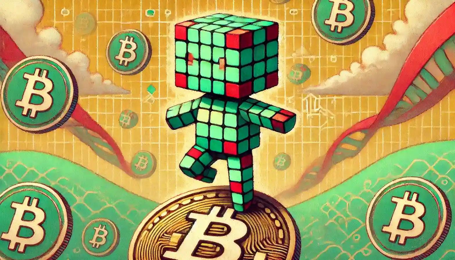 Faceless robot atop Bitcoin hill with blockchain glow