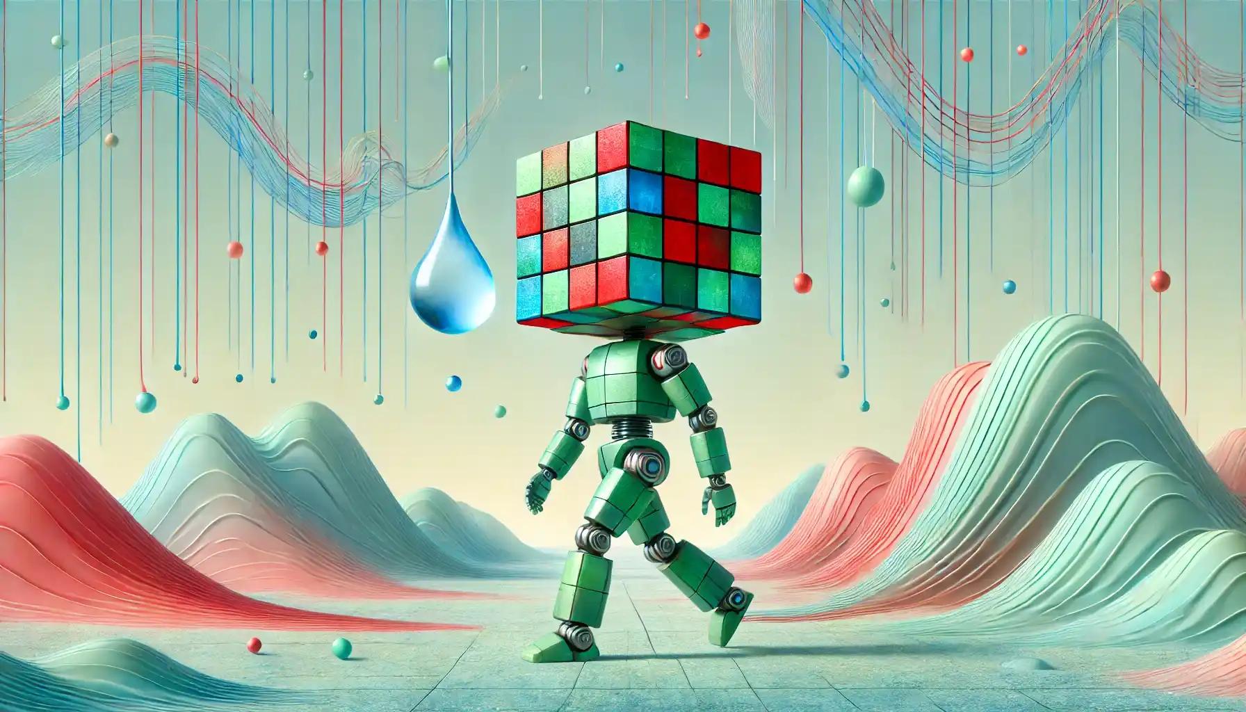 Faceless robot balancing on pastel market trends with floating droplet