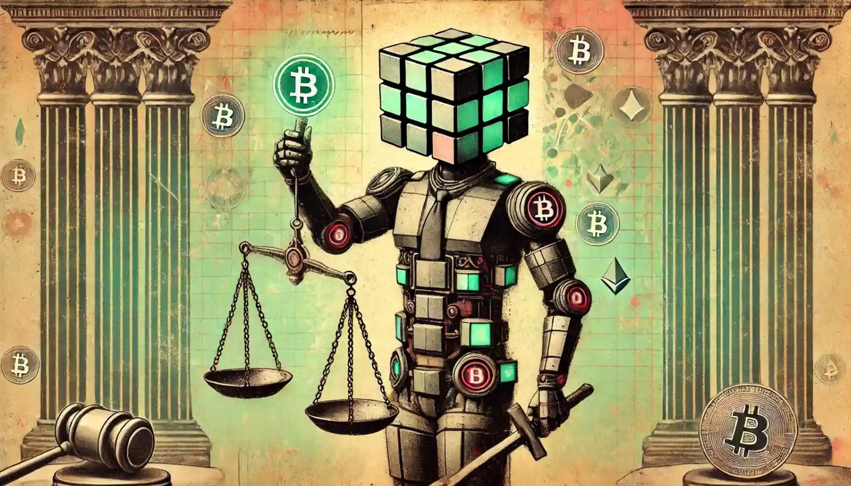 Faceless robot holding a glowing gavel amid abstract legal scales