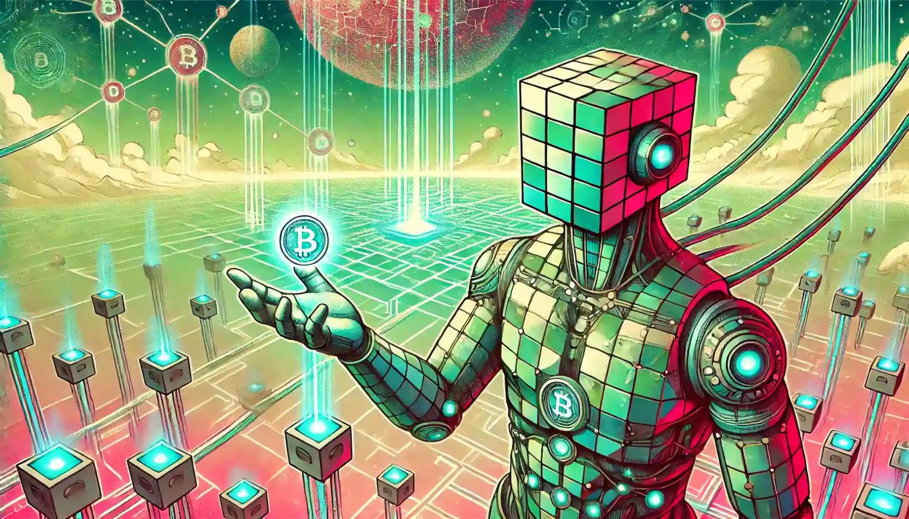 Faceless robot holding coin, glowing blockchain garden backdrop