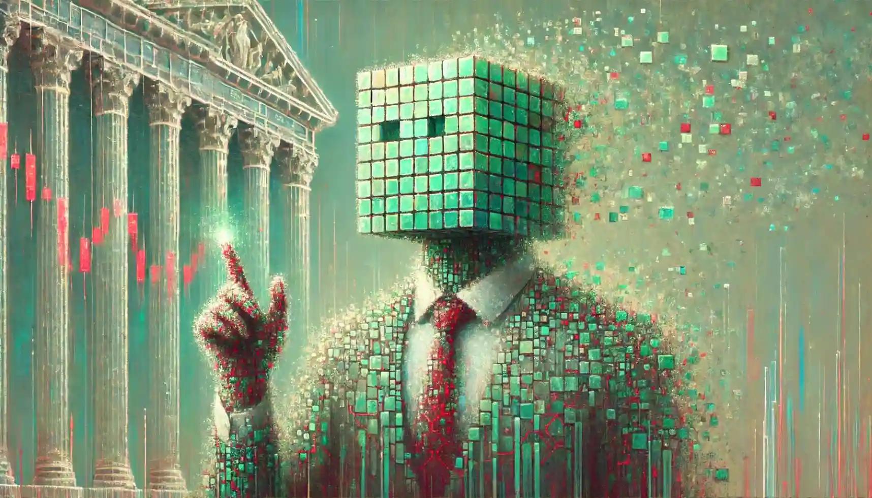 Faceless robot holds fading SEC document in digital finance world