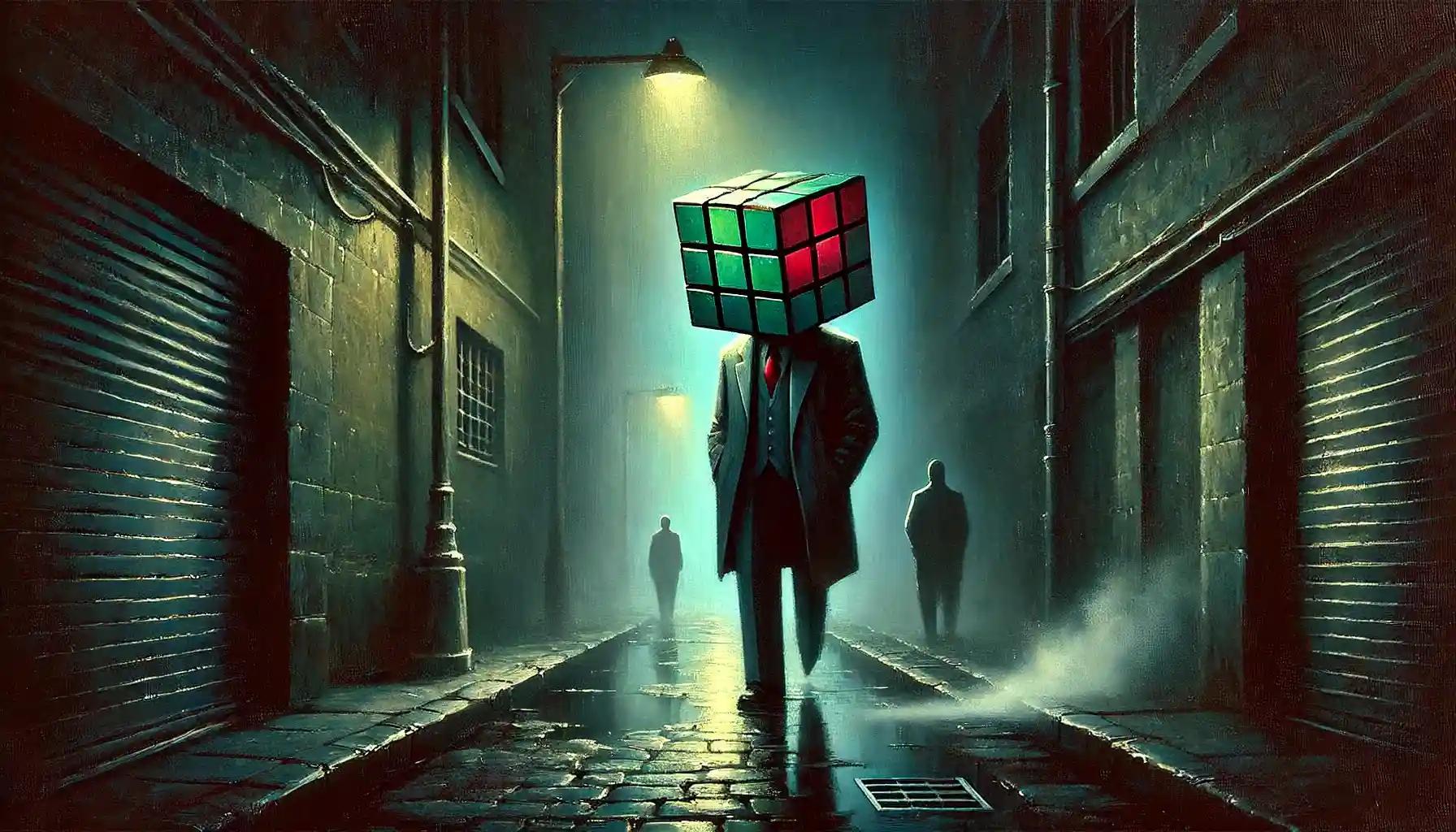 Faceless robot in rainy alley under looming shadows of investigators