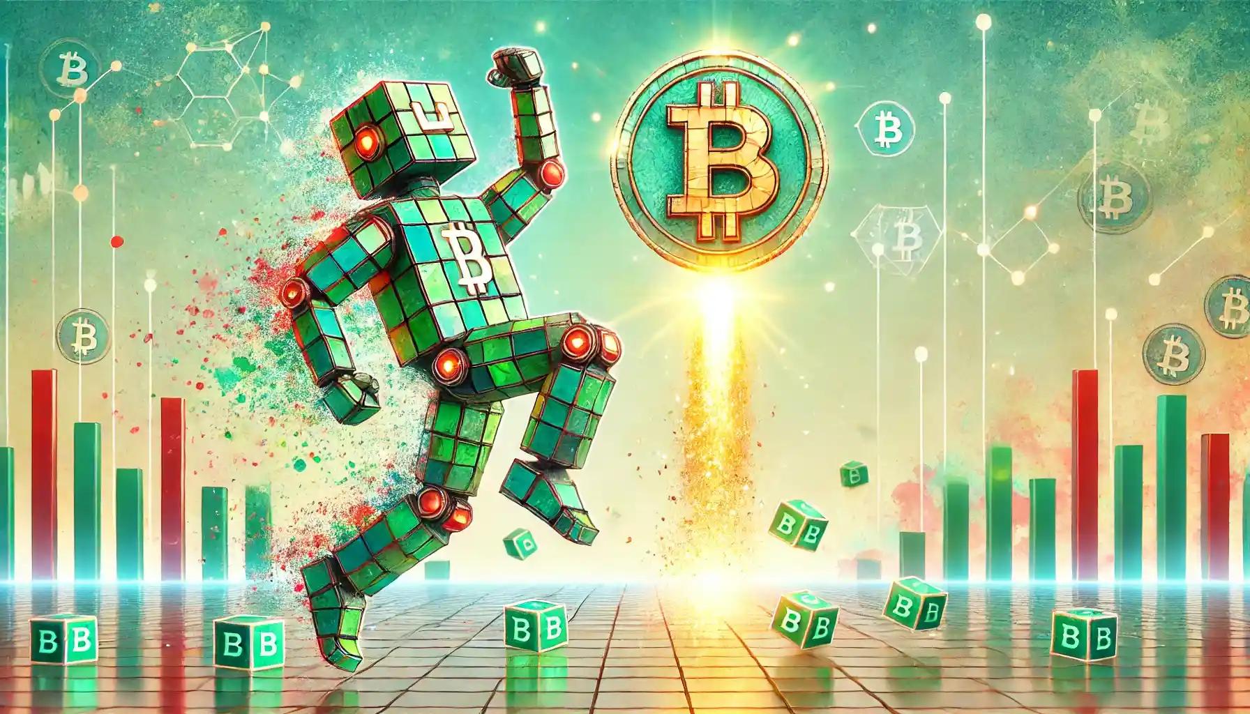 Faceless robot leaping with Bitcoin rocket in pastel sky