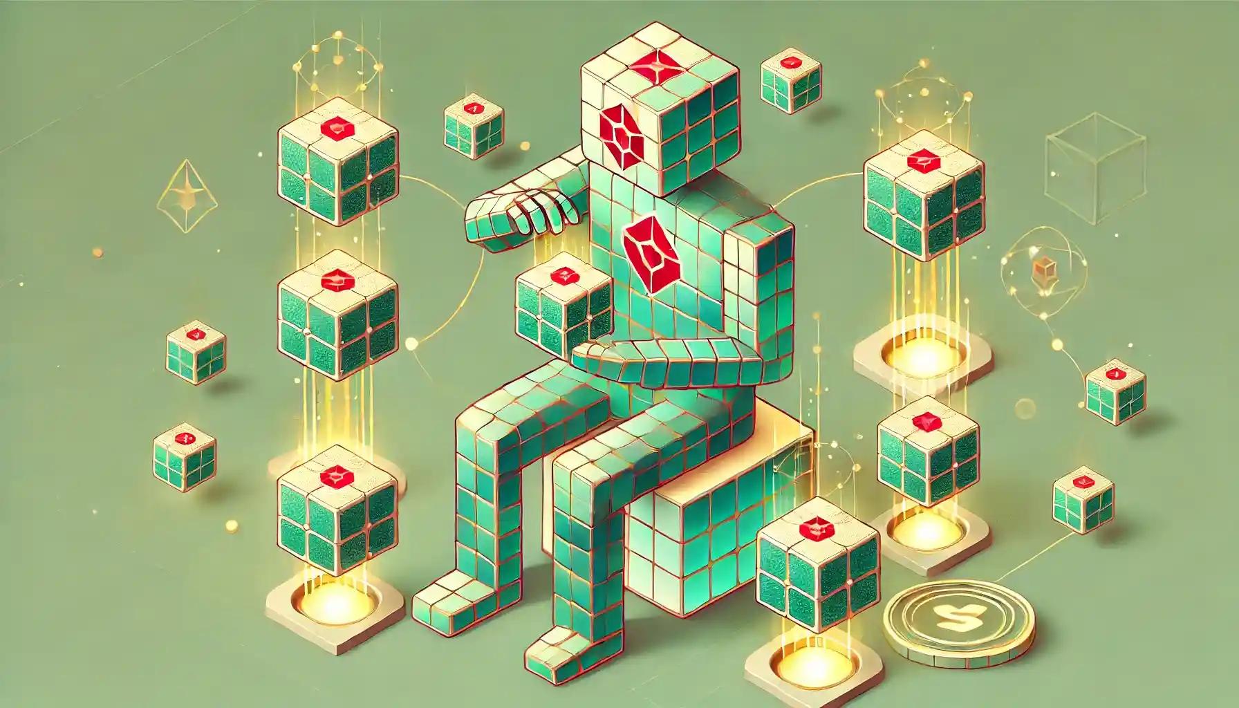 Faceless robot manages floating Solana staking pools on glowing islands