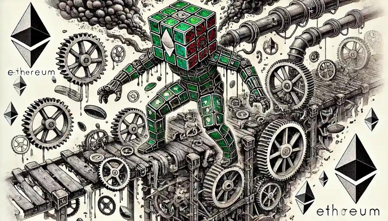 Faceless robot on collapsing Ethereum bridge in steampunk ink sketch