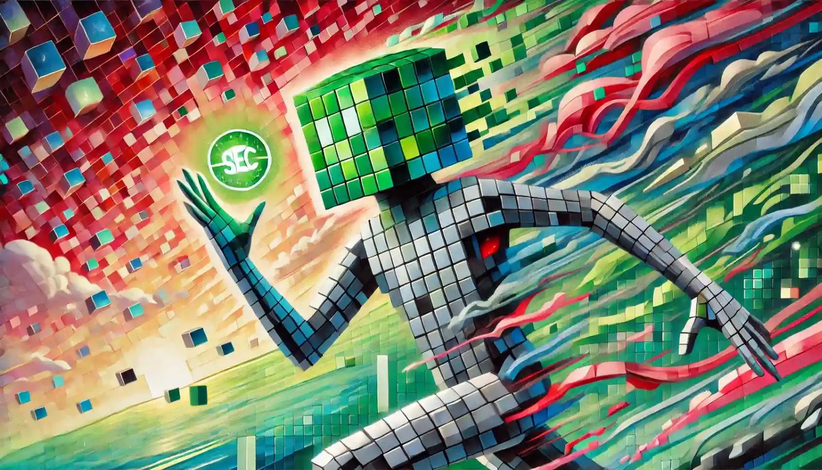 Faceless robot pushes SEC emblem through digital storm