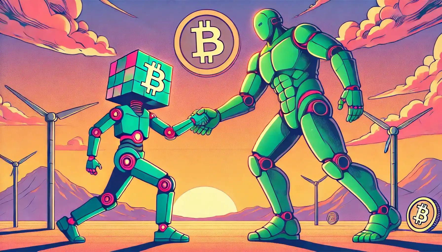 Faceless robot shakes hands, symbolizing crypto alliances