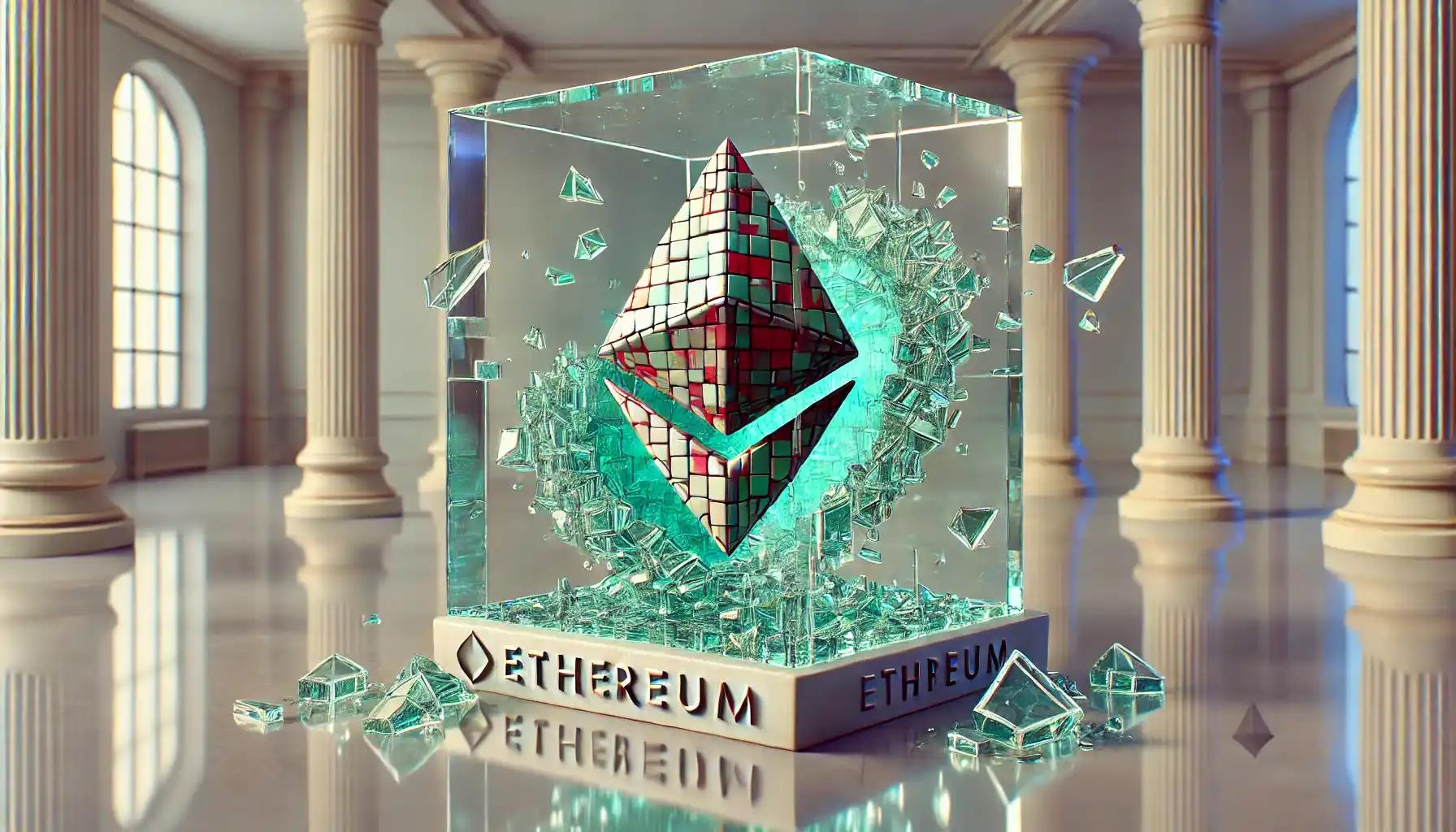 Faceless robot walks through Ethereum wasteland in ink-wash haze